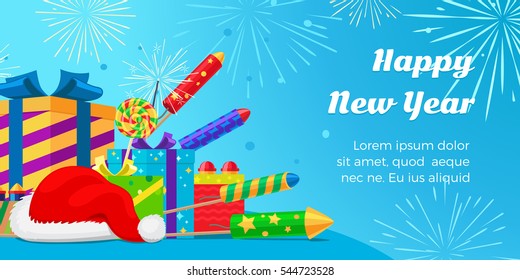 Happy New Year 2017. Collection of colourful fireworks, gift boxes, Santa Claus hat on blue background. Attributes of New year lollipop and winter decorations on greeting card. Vector illustration.