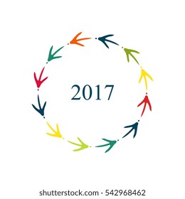Happy New Year 2017. Colored chicken footprints frame