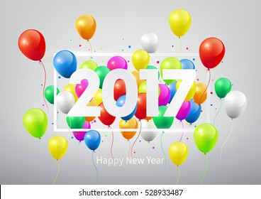 Happy New Year 2017 with colorful balloons, vector illustration.