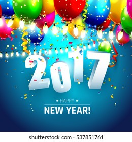 Happy New Year 2017 - colorful greeting card with 3D numbers and balloons
on blue background