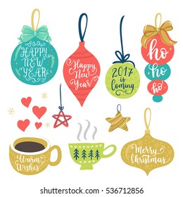 Happy New Year, 2017 is Coming, Ho Ho Ho, Merry Christmas, Warm Wishes hand lettering on speech bubble background. Vector element design