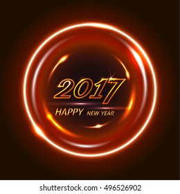 Happy New Year 2017. A congratulation in creative style. The shining figures and the text against the background of an orange banner. Vector illustration.