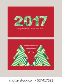Happy New Year 2017. Congratulation. Set of Greeting cards. Abstract Christmas trees on the red background. Vector
