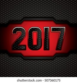 Happy new year 2017 creative greeting card design.Red metallic grid background.Vector.