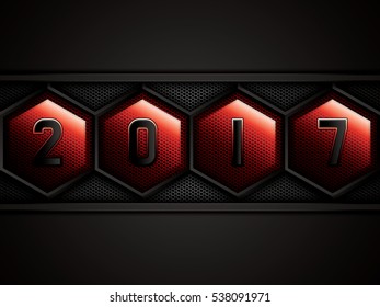 Happy new year 2017 creative greeting card design.Red metallic grid background.Vector.