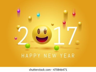 Happy New year 2017 with cute smiling emoji face. 3d Smiley Emoticon modern design for social network, Color concept for conversations, online chats, web sites . Vector Illustration. EPS 10