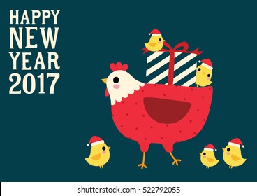 Happy New Year 2017. Cute chicken and hen. Vector Illustration.