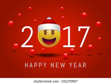 Happy New year 2017 with cute smiling emoji face with a Santa Claus hat. 3d Smiley Emoticon modern design for social network, Color concept for conversations, online chats, web sites . Vector 