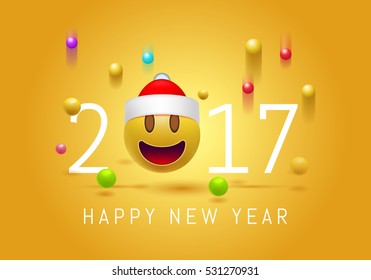 Happy New year 2017 with cute smiling emoji face with a Santa Claus hat. 3d Smiley Emoticon modern design for social network, Color concept for conversations, online chats, web sites . Vector 