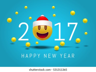 Happy New year 2017 with cute smiling emoji face with a Santa Claus hat. 3d Smiley Emoticon modern design for social network, Color concept for conversations, online chats, web sites . Vector 