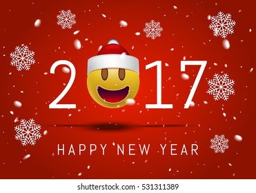 Happy New year 2017 with cute smiling emoji face with a Santa Claus hat. 3d Smiley Emoticon modern design for social network, Color concept for conversations, online chats, web sites . Vector 