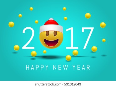 Happy New year 2017 with cute smiling emoji face with a Santa Claus hat. 3d Smiley Emoticon modern design for social network, Color concept for conversations, online chats, web sites . Vector 