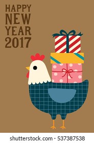 Happy New Year 2017. Cute chicken and gift boxes. Vector Illustration.