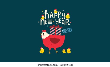 Happy New Year 2017. Cute chicken and hen. Vector Illustration.