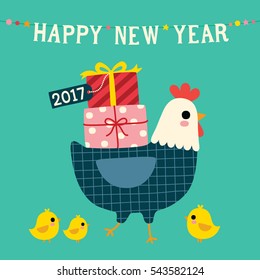 Happy New Year 2017. Cute chicken and hen. Vector Illustration.