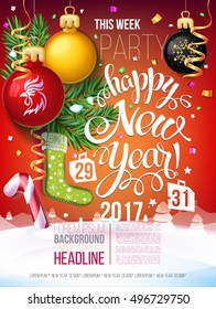 Happy New year 2017 decoration poster card and merry Christmas background  with garlands, tree branches, snowflakes. Year symbol, the fire cock.