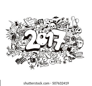 Happy new year 2017 Doodle design elements for holiday cards, for decorations Vector Illustration background