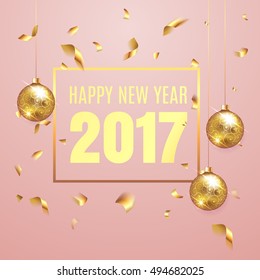 Happy New Year 2017 elegant pink background template with gold christmas balls and  confetti with a sparkle,  text and shining lights. Rich, VIP, luxury Gold and black colors. Vector illustration. EPS