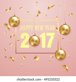 Happy New Year 2017 elegant pink background template with gold christmas balls and  confetti with a sparkle,  text and shining lights. Rich, VIP, luxury Gold and black colors. Vector illustration. EPS