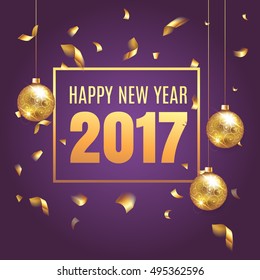 Happy New Year 2017 elegant purple background template with gold christmas balls and  confetti with a sparkle,  text and shining lights. Rich, VIP, luxury Gold and black colors. Vector illustration.