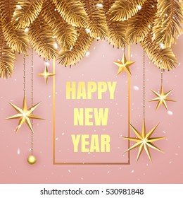 Happy New Year 2017 elegant pink poster template with fir-tree branches and gold confetti with a sparkle text and shining lights. Premium, VIP, luxury Gold and black colors. Vector illustration