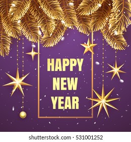 Happy New Year 2017 elegant purple background template with gold christmas 3d stars and snow with a sparkle, text and shining lights. Premium, VIP, luxury Gold and black colors. Vector illustration.