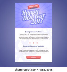 Happy New Year 2017 Email Template With Sign Up Button. Vector Illustration.