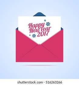 Happy New Year 2017 email illustration. Vector envelope icon with new year congratulation letter in flat style. 