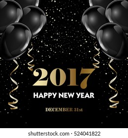 Happy New Year 2017 Fancy Gold Champagne And Black Hot Air Baloons. Ideal For Greeting Card Or Elegant Holiday Party Invitation.