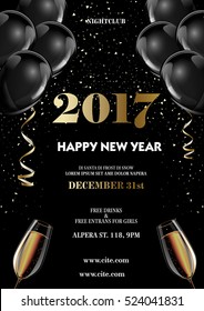 Happy New Year 2017 Fancy Gold Champagne And Black Hot Air Ballons. Ideal For Greeting Card Or Elegant Holiday Party Invitation.