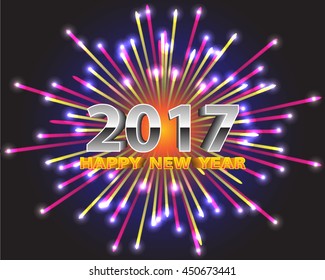 Happy New Year 2017 with firework on black night background vector illustration,