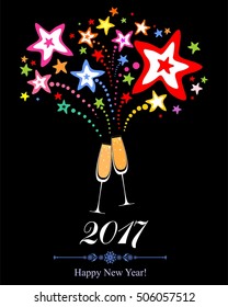 Happy new year 2017! Firework and Two Glasses in black background. Vector Illustration