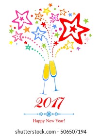 Happy new year 2017! Firework and Two Glasses in white background. Vector Illustration