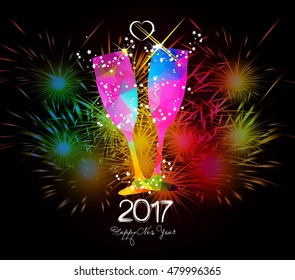 Happy New Year 2017 Fireworks and colorful triangle glass