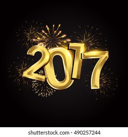 Happy New Year 2017 with fireworks isolated on black background, text design hanging gold colored, vector elements for calendar and greeting card