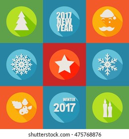 Happy New Year 2017 flat icons set with berry, christmas tree, 
star, candles, snowflakes and Santa. Vector illustration
Long Shadow. Flat style.
