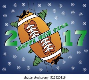 happy new year 2017 and football with Christmas trees. football player jumping with the ball. Vector illustration