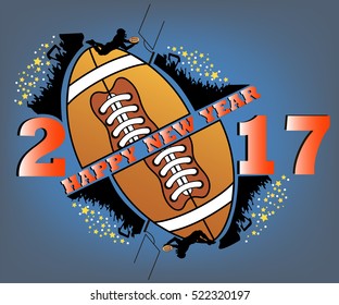happy new year 2017 and football  with football  fans. football player jumping with the ball. Vector illustration