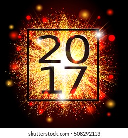 Happy New Year 2017 in the frame. Date is on the background of the explosion glowing clouds of gas and dust. Fireworks on dark background. Festive Collection. Abstract vector element for web design 