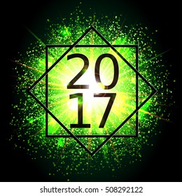 Happy New Year 2017 in the frame. Date is on the background of the explosion glowing clouds of gas and dust. Fireworks on dark background. Festive Collection. Abstract vector element for web design 