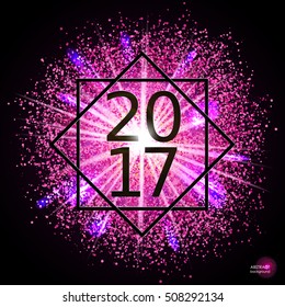 Happy New Year 2017 in the frame. Date is on the background of the explosion glowing clouds of gas and dust. Fireworks on dark background. Festive Collection. Abstract vector element for web design 