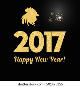 Happy New Year 2017, Full Vector New Year and Merry Christmas background with shining gold letters and cock head.