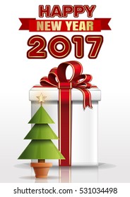 Happy New Year 2017. Gift box and Christmas tree decorated with gold star. New Year card. Vector illustration