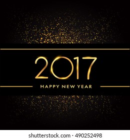 Happy New Year 2017 with glitter isolated on black background, text design gold colored, vector elements for calendar and greeting card.