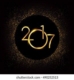 Happy New Year 2017 with glitter isolated on black background, text design gold colored, vector elements for calendar and greeting card