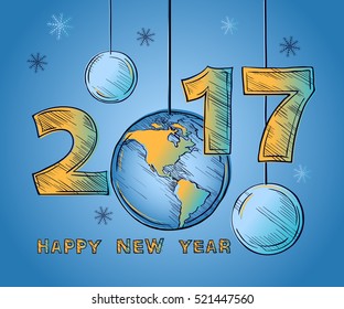 Happy New Year 2017 globe and Christmas balls. Outline color picture in the sketch  style. Design typography vector illustration on blue background.