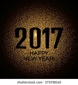 Happy New Year 2017 gold glitter new year background for banner flyer, poster, sign, web, header. Abstract glowing golden blur snow vector background for text, type, quote.