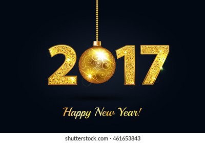 Happy New Year 2017 gold on a black greeting card background with gold christmas ball and gold sparkle text. Vector illustration. EPS 10