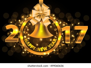Happy New Year 2017 and gold bell design for holiday festival celebration vector illustration.