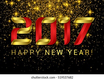 Happy New Year 2017. Gold with red volumetric figures. with glitter isolated on black background, text design gold colored, vector elements for calendar and greeting card.